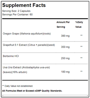 Text listing the ingredients including Oregon Grape, Mahonia aquifolium, Grapefruit, berberine HCI, Uva Ursi, Arctostaphylos