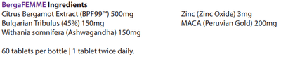 Text listing the ingredients including Citrus Begamot Extract, BPF99, Bulgarian Tribulus, Withania somnifera, Ashwagandha, Zinc, MACA, Peruvian Gold.