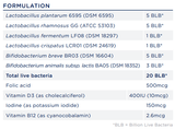 Text describing the ingredients for a probiotic called Biome Prenatal+ including Lactobacillus plantarum 6595 (DSM 6595), Lactobacillus rhamnosus GG (ATCC 53103), Lactobacillus fermentum LF08 (DSM18297), Lactobacillus crispatus LCR01 (DSM 24619), Bifidobacterium breve BR03 (DSM 16604), bifidobacterium animalis subsp. lactis BA05 (DSM 18352), Folic acid, Vitamin D3 (as cholecalciferol), Iodine (as potassium iodide) and vitamin B12 (as cyancobalamin)
