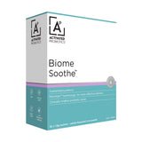 A box of probiotics called Biome Soothe, white and blue box.