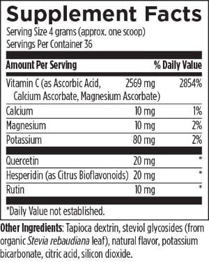 Ingredient list: 
Vitamin C (as ascorbic Acid, Calcium Ascorbate, magnesium Ascorbate), calcium, magnesium, potassium, quercetin, hesperidin (as citrus bioflavonoids), rutin, tapicoca dextrin, steviol glycosides (from organic stevia rebaudiana leaf), natural flavour, potassium bicarbonate, citric acid, silicon dioxide