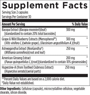 Text listing the ingredients including Bacopa Extract, Bacopa monnien, Memophenol, Vitis Vinifera. Vaccinium angustifolium, Ashwagandha , NooGandha, Withania somnifera, American Ginseng Extract, Panax quinquefolius, Huperzina Serrata, cellulose (capsule), microcrystalline cellulose, vegetable sterate, silicon dioxide 