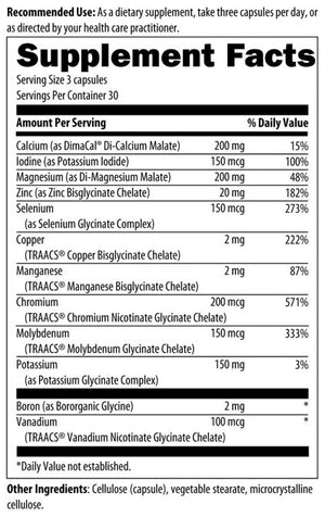 Text listing the ingredients including, Calcium, Iodine, Magnesium, Zinc, Selenium, Copper, Manganese, Chromium, Molybdenum, Potassium, Boron, Vanadium, cellulose (capsule), vegetable sterate, microcrystalline cellulose