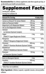 Text listing the ingredients including, Calcium, Iodine, Magnesium, Zinc, Selenium, Copper, Manganese, Chromium, Molybdenum, Potassium, Boron, Vanadium.