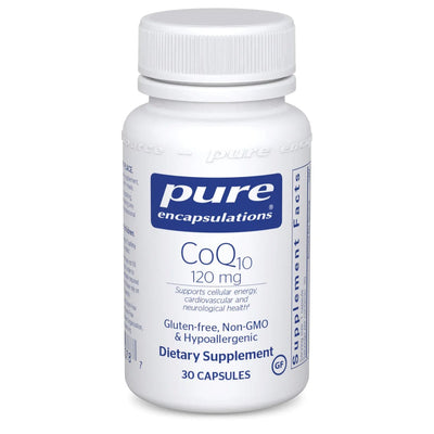 A Supplement container with the name  CoQ10 120mg (30 Caps) by Pure Encapsulation
