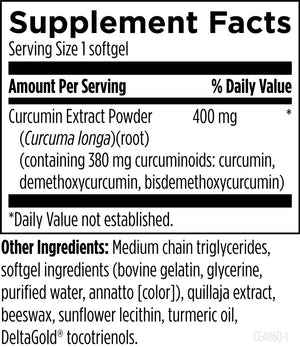 Ingredients:
Curcumin extract Powder, Curcuma longa, root, curcuminoids: curcumin, demethoxycurcumin, bisdemthoxycurcumin, Medium chain triglycerides, softgel ingredients, (bovine gelatin, glucerine, purified water, annatto), quillaja extract, beeswax, sunflower lecithin, turmeric oil, deltagold tocotrienols 