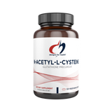 Image of a white supplement bottle that says designs for health N- Acetyl-L-crysteine