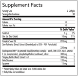 Text describing the ingredients which includes Zinc, Pumpkin seed oil, Saw Palmetto, BioResponse DIM, Stinging Nettle, Beta-Sitosterol, and Lycopene