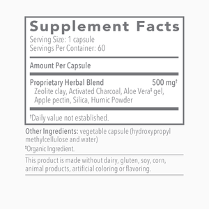 Text listing the ingredients including Zeolite clay, Activated Charcoal, Aloe Vera Gel, Apple pectin, Silica, Humic Powder.
