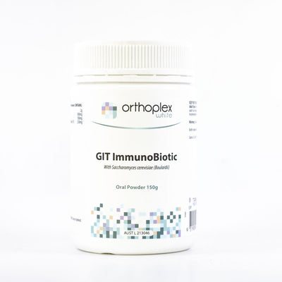A Supplement container with the name GIT ImmunBiotic (150g) by Orthoplex White