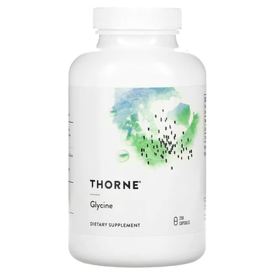 A white supplement bottle with the label Glycine by Thorne