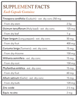 Text listing the ingredients including Tinospora cordifolia, Guduchi, Ocimum tenuiflorum, Holy Basil, Piper longum, Long pepper, Curcuma longa, Tumeric, curcumin, Withania somnifera, Phyllanthus emblica, Allium sativum, Garlic, Zinc oxide