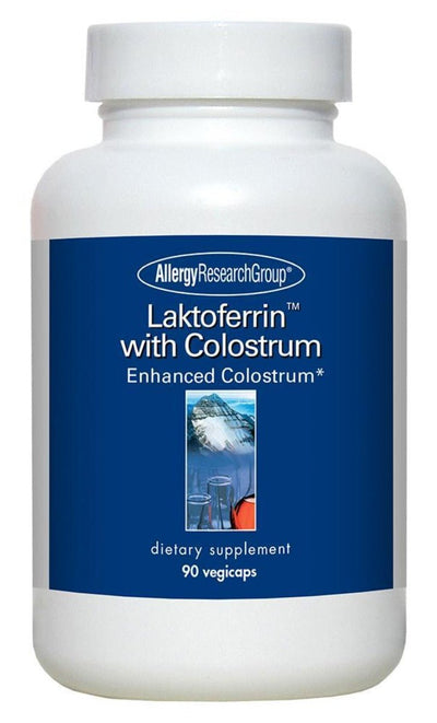 A supplement bottle with the label Laktoferrin with Colostrum (Enhanced Colostrum)