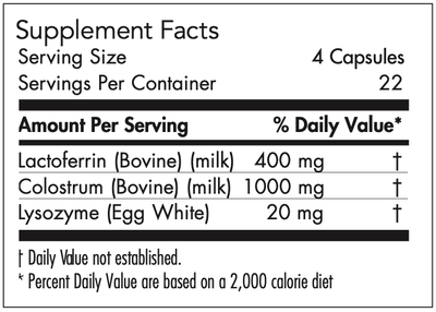 Text describing the ingredients which include Lactoferrin, Colostrum and Lysozyme 