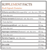 Text listing the ingredients Withania somnifera, Ashwagandha, Tribulus terrestris, Anacyclus pyrethrum, Asparagus racemosus, Shatavari, Myristaica fragrans, Zinc oxide.