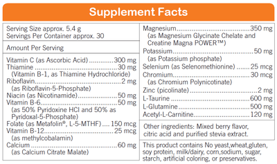 Text listing the ingredients. including Vitamin C, Thiamine, Riboflavin, Niacin b6, Folate, Vitamin b12, Calcium, Magnesium, Potassium, Selenium, Chromium, Zinc , Taurine, Glutatime, Carnitine.
