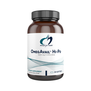 An image of a white suppleemnt bottle that says designs for health Omegavail HI-Po 1600mg 1:1 EPA-DHA 60 Soft gels