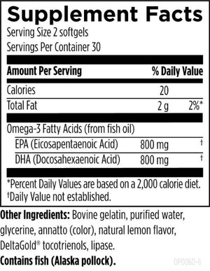 Ingredients list: 
Omega-3 Fatty acids (from fish oil), EPS (Eicosapentaeoic Acid), DHA(Docosahexaenoic Acid), BOvine gelatin, purified water, glycerine, annatto (color), natural lemon flavour, Delta gold tocotrienols, lipase, Contains fish (alaska pollock)