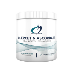 A white supplement bottle that says quercetin ascorbate, 500mg quercetin + 500mg vitamin C 